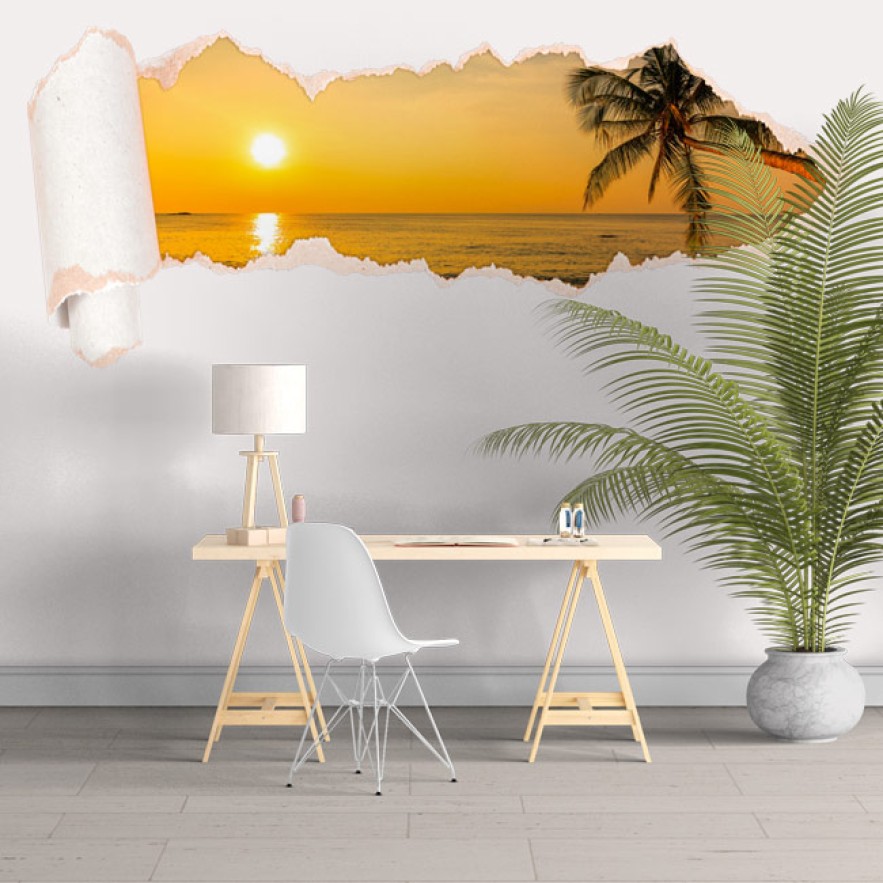 Vinilos papel rasgado 3d atardecer playa
