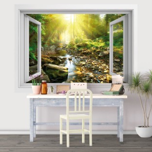 Vinilos ventana 3d atardecer río en el bosque Vinilos ventana 3d atardecer río en el bosque