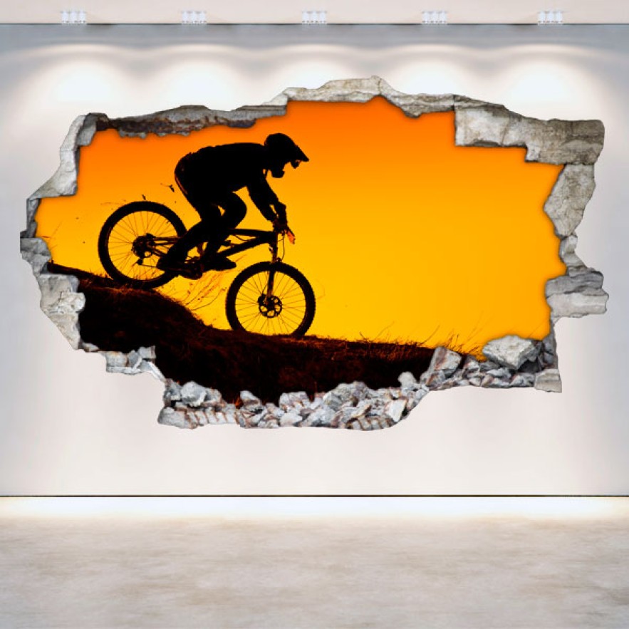 Vinilos agujero 3d bicicleta montaña al atardecer