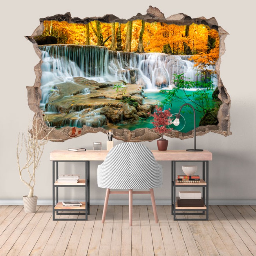 Vinilos agujeros 3d cascada en bosque frondoso
