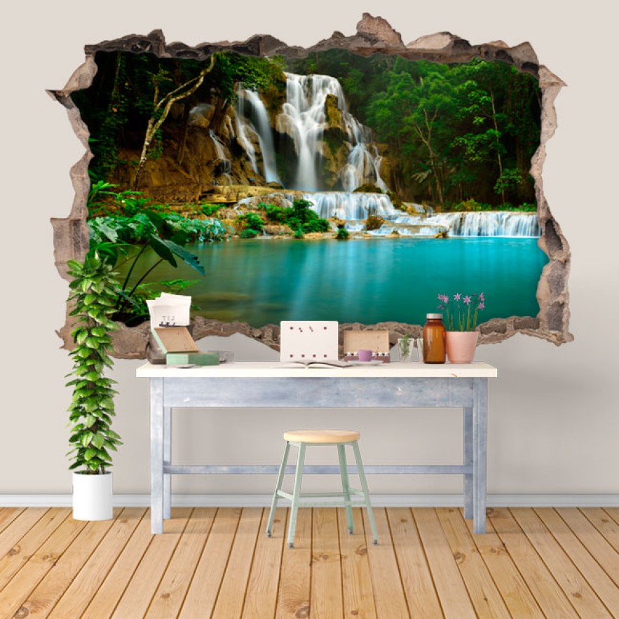 Vinilos pared 3d cascadas en medio del bosque