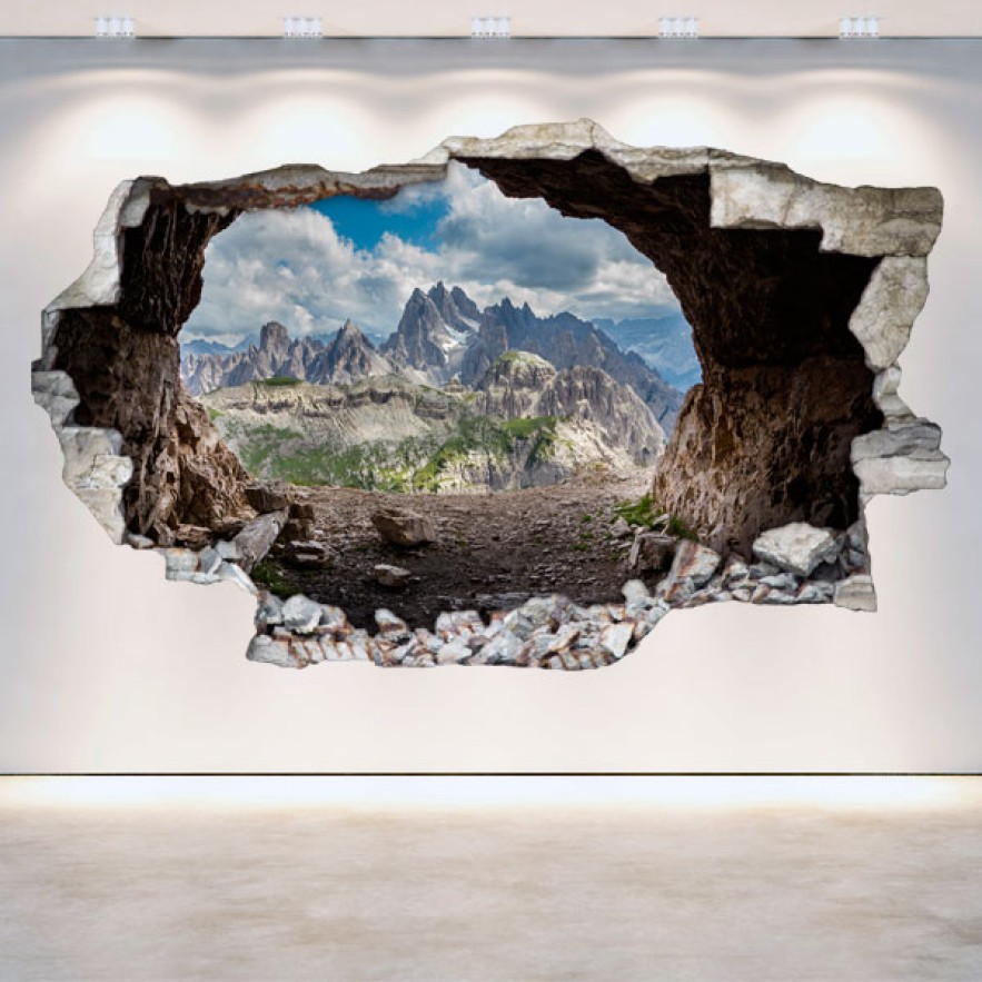 Vinilos agujero 3d paisaje montañas desde cueva