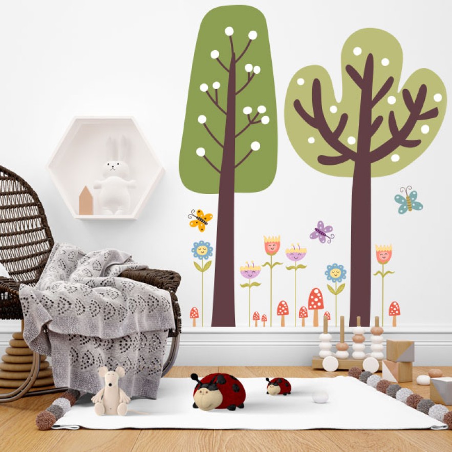 Vinilos infantiles árboles con flores y mariposas