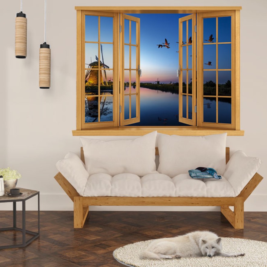 Vinilos ventana 3d atardecer en kinderdijk holanda