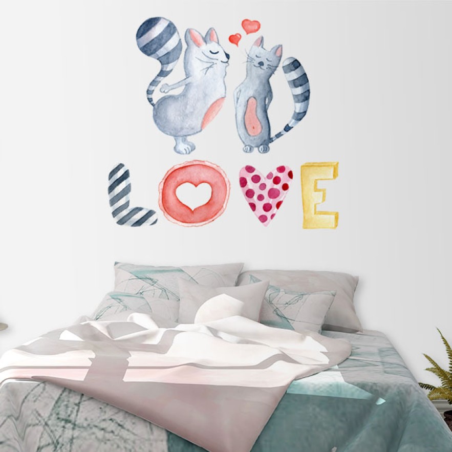 Vinilosdecorativos gatos con texto love en acuarela