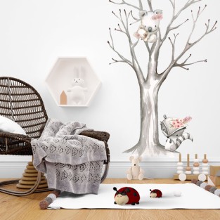 Vinilos decorativos acuarela mapache y koalas en el árbol