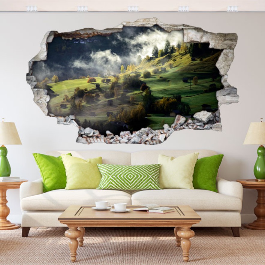 Vinilos agujero 3d montañas con niebla
