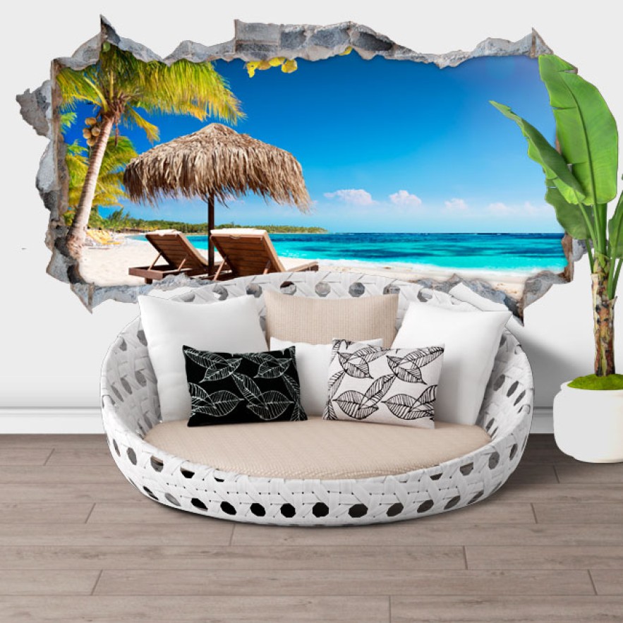 Vinilos agujero 3d paisaje playa isla tropical