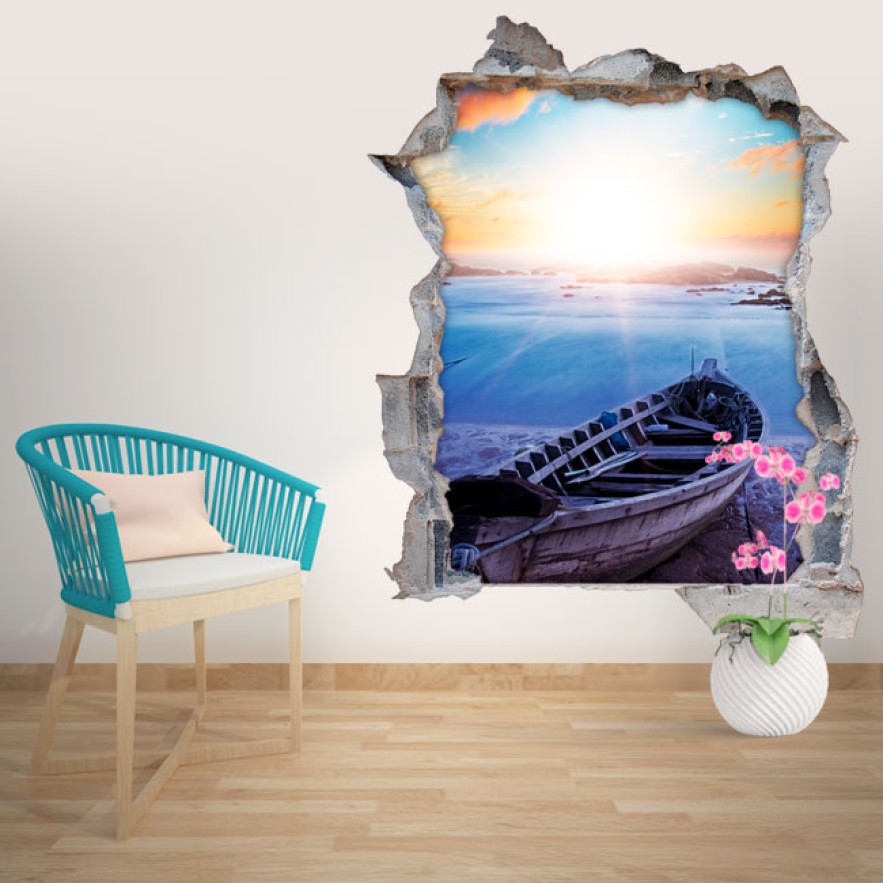 Vinilos agujero 3d playa al atardecer