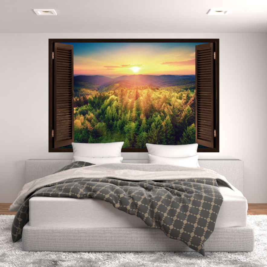 Vinilos efecto ventana 3d atardecer montañas