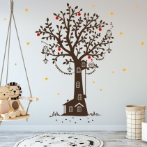Vinilo decorativo infantil casa árbol con pajaritos