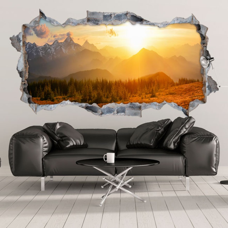 Vinilos agujero 3d atardecer en las montañas