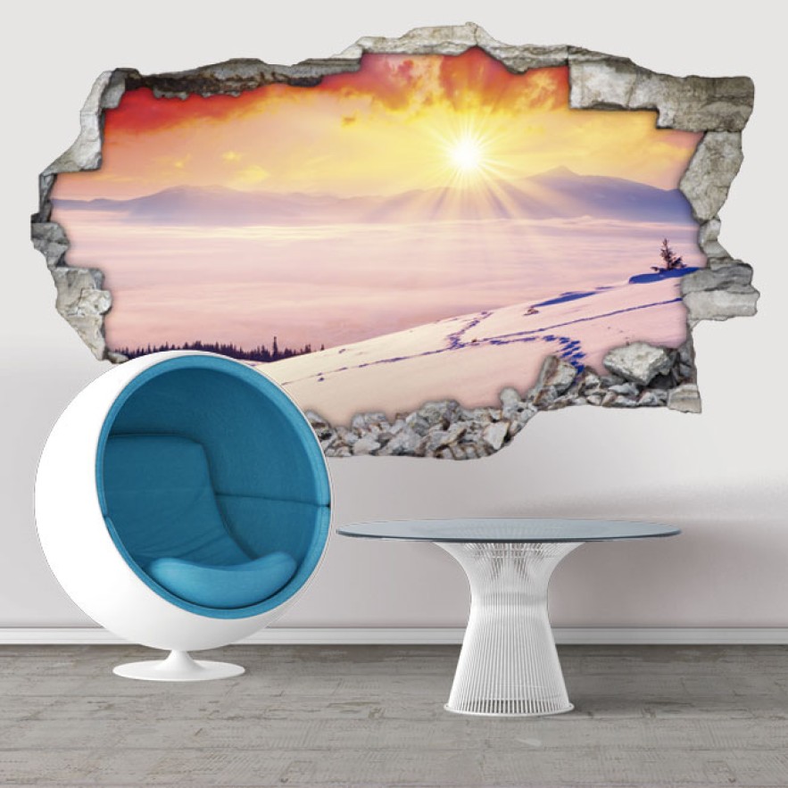 Vinilos agujero 3d atardecer en montañas nevadas