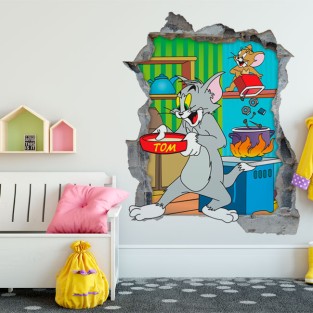 Vinilos decorativos agujero 3d gato y ratón tom y jerry