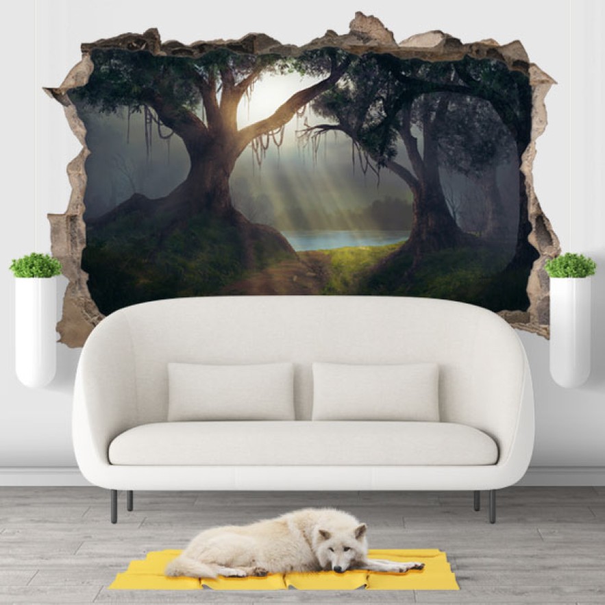Vinilos agujero 3d ilustración árboles bosque mágico