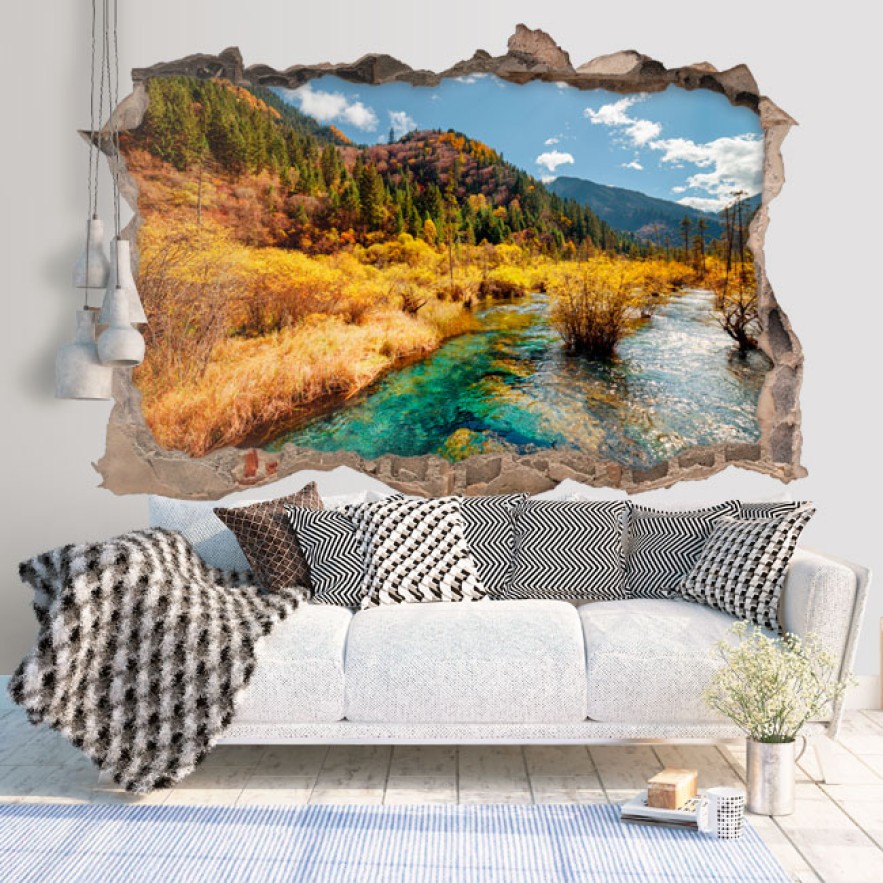 Vinilos agujero 3d paisaje río entre montañas