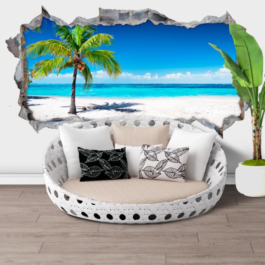 Vinilos agujero 3d palmera panorámica playa