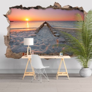 Vinilos agujero 3d camino en playa al atardecer Vinilos agujero 3d camino en playa al atardecer