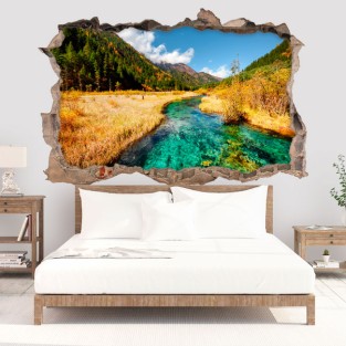 Vinilos agujero 3d paisaje río en las montañas