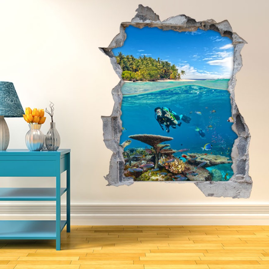 Vinilo agujero 3d submarinista bajo el mar