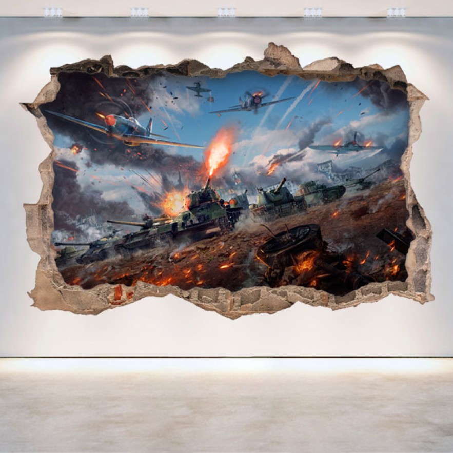 Vinilo decorativo agujero 3d war thunder tanks battle