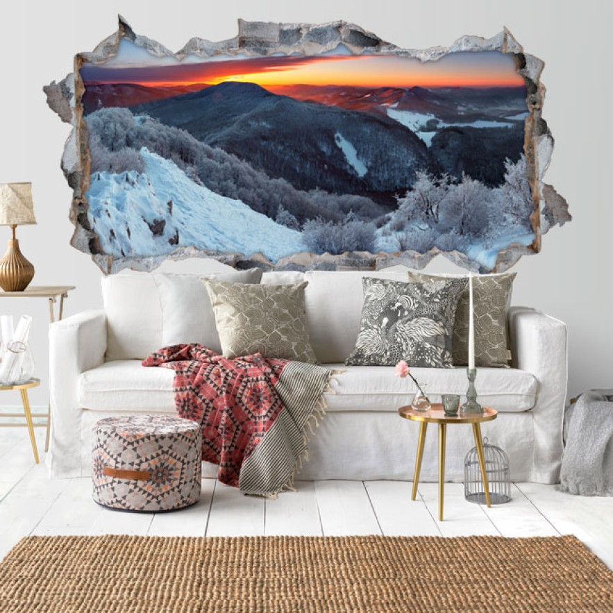 Vinilo decorativo agujero 3d amanecer en las montañas