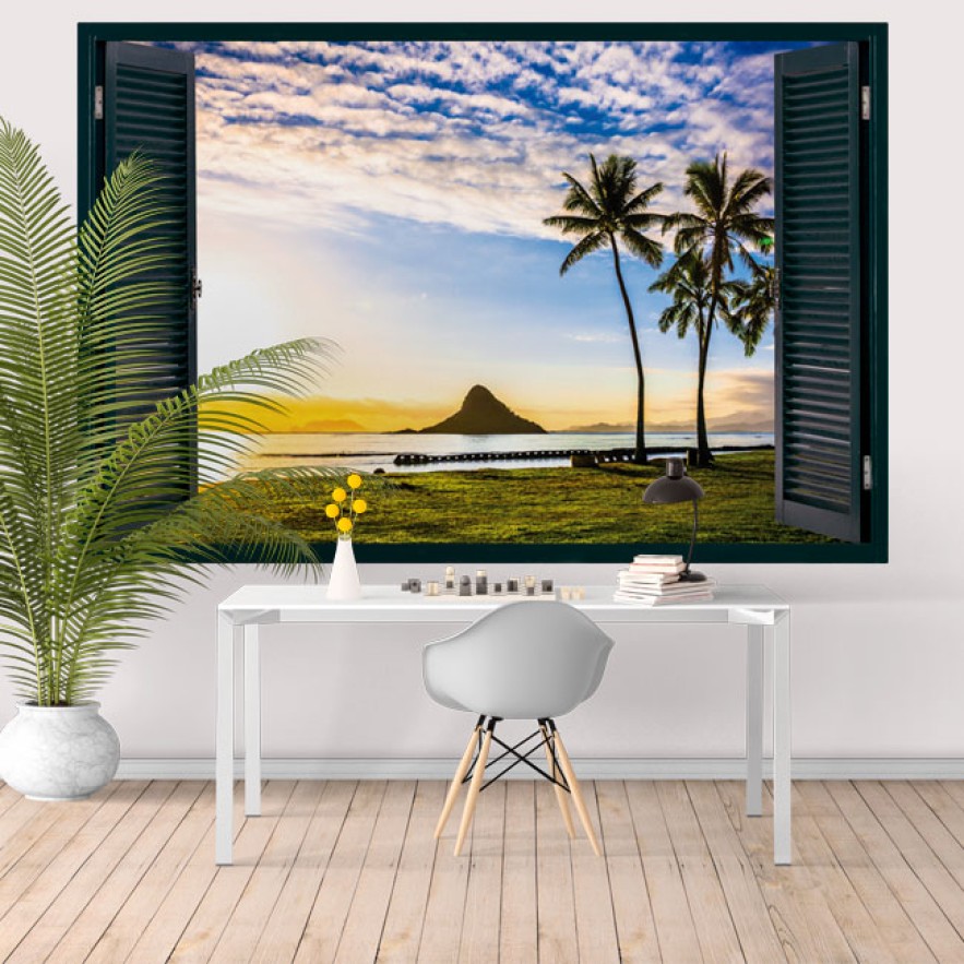 Vinilos efecto ventana 3d atardecer en hawái