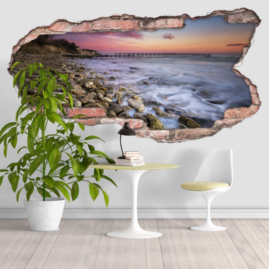 Vinilo agujero 3d atardecer en la costa