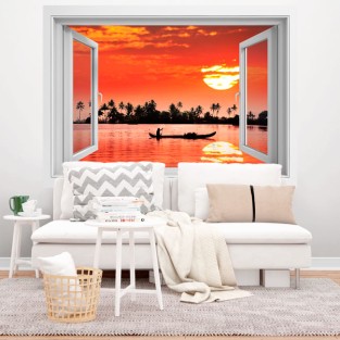 Vinilos ventana 3d atardecer tropical con palmeras
