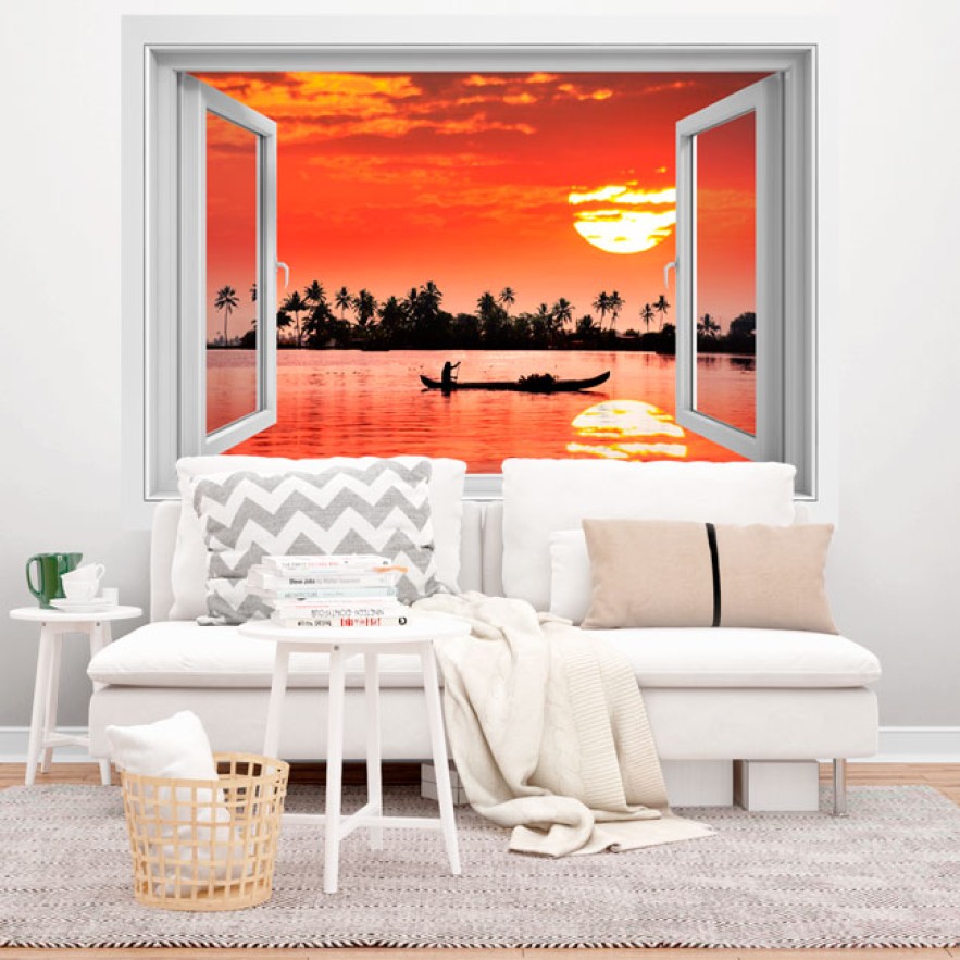 Vinilos ventana 3d atardecer tropical con palmeras
