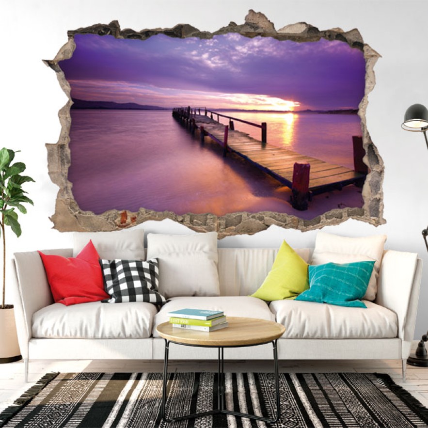Vinilo agujero 3d muelle al atardecer