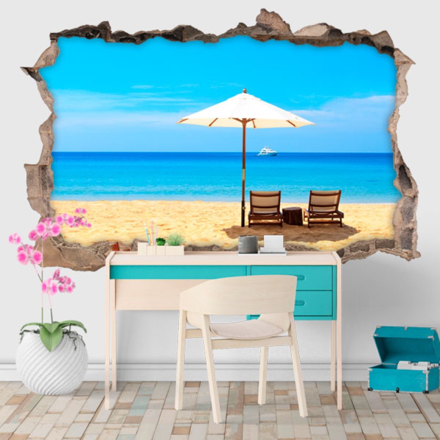 Vinilos agujeros 3d paisaje día relax en playa