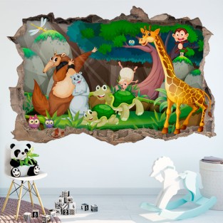 Vinilos infantiles agujero 3d animales felices Vinilos infantiles agujero 3d animales felices