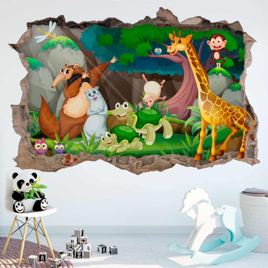 Vinilos infantiles agujero 3d animales felices