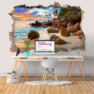 Vinilo agujero 3d isla tropical al atardecer