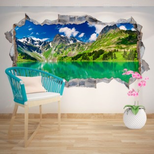 Vinilos agujero 3d lago y montañas nevadas