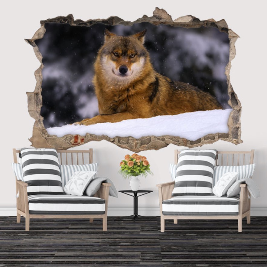 Vinilo agujero 3d lobo en invierno
