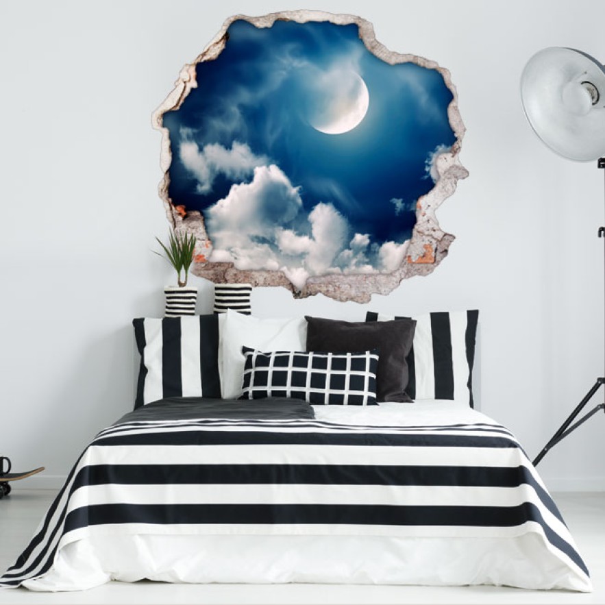 Vinilos agujero 3d vista cielo con luna y nubes