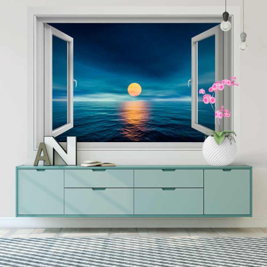 Vinilos efecto ventana 3d atardecer en el mar