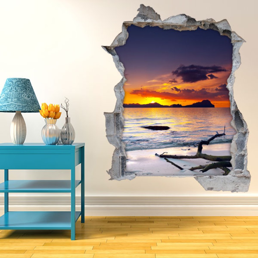 Vinilos agujero 3d atardecer en la playa