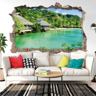Vinilos agujero 3d bungalows orilla playa Vinilos agujero 3d bungalows orilla playa