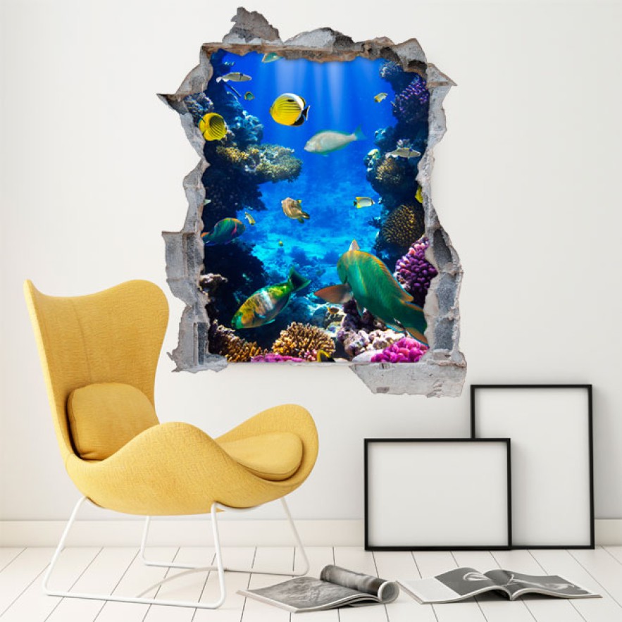 Vinilo agujero 3d peces en el arrecife