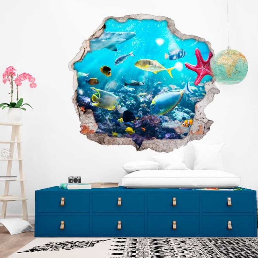 Vinilos agujero 3d peces y estrella de mar