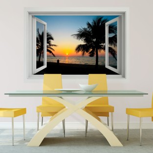 Vinilos decorativos ventana 3d puesta de sol en la playa