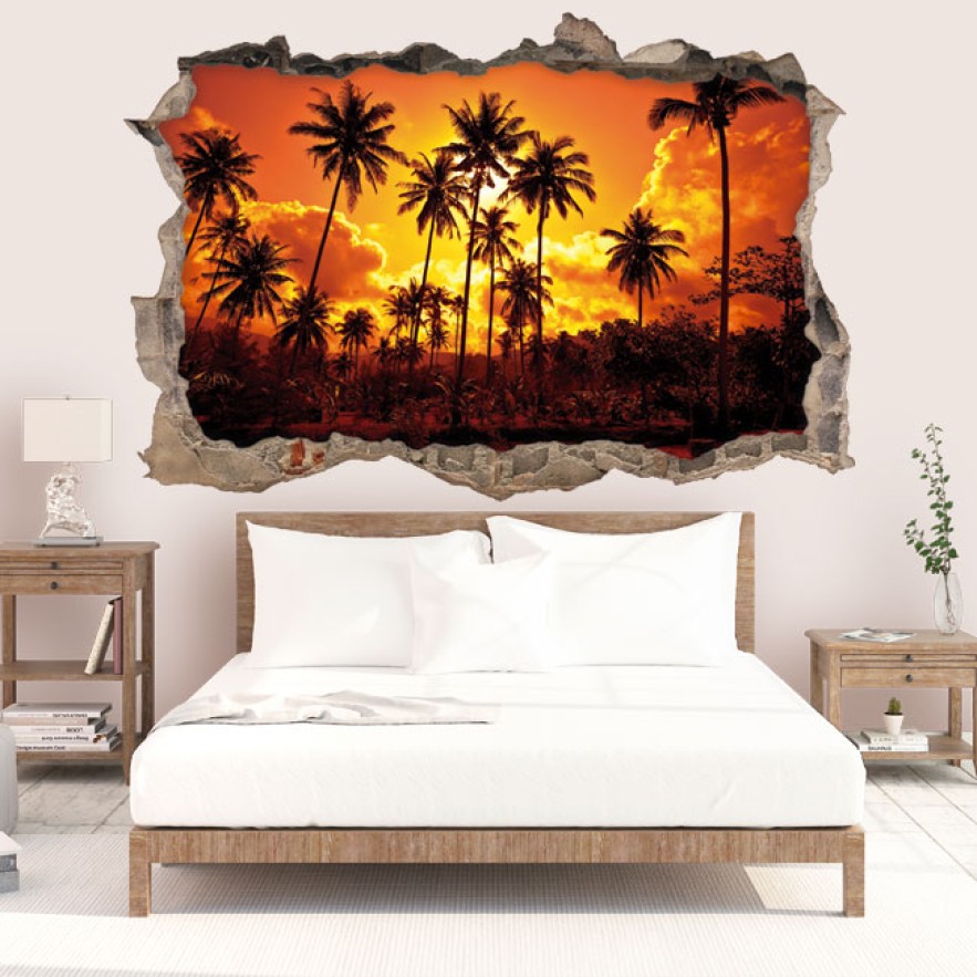 Vinilo agujero 3d atardecer palmeras en la playa