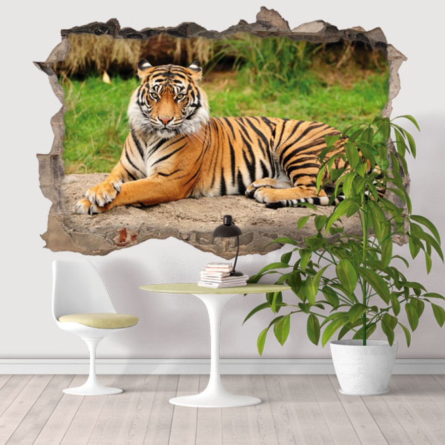 Vinilo decorativo agujero 3d tigre de bengala