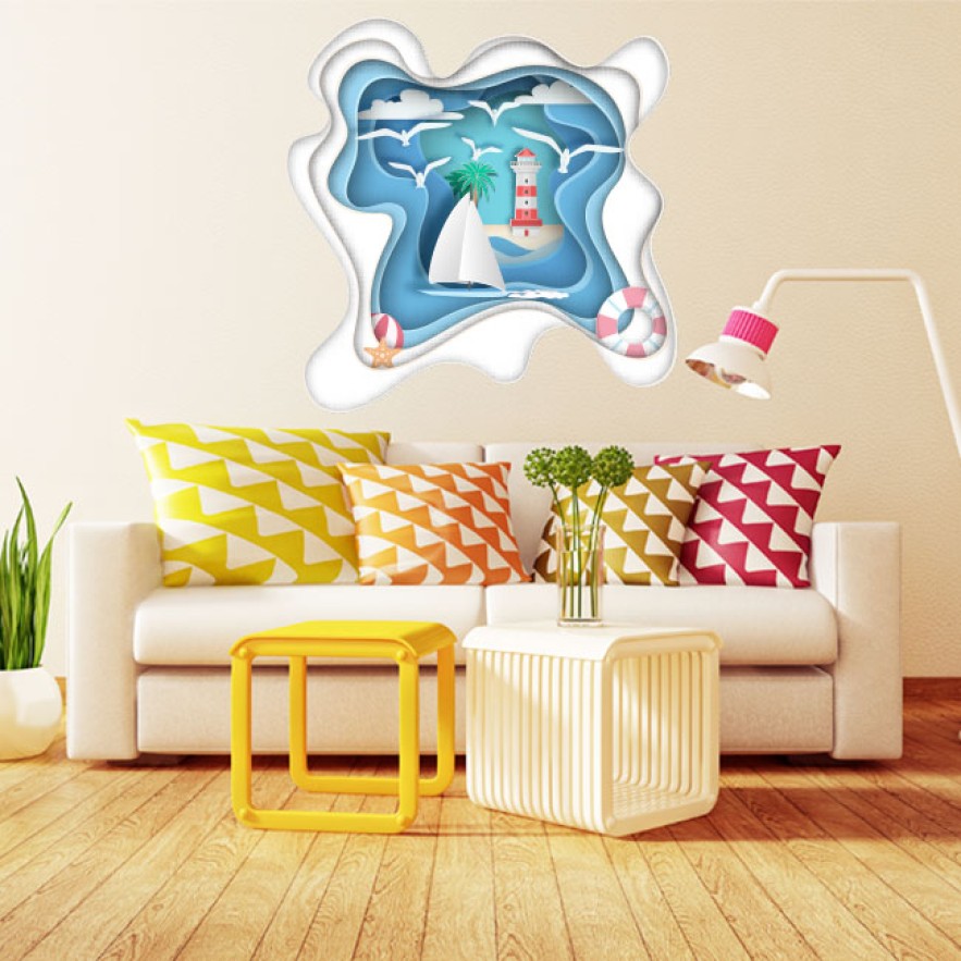 Vinilos decorativos 3d origami velero y faro infantil
