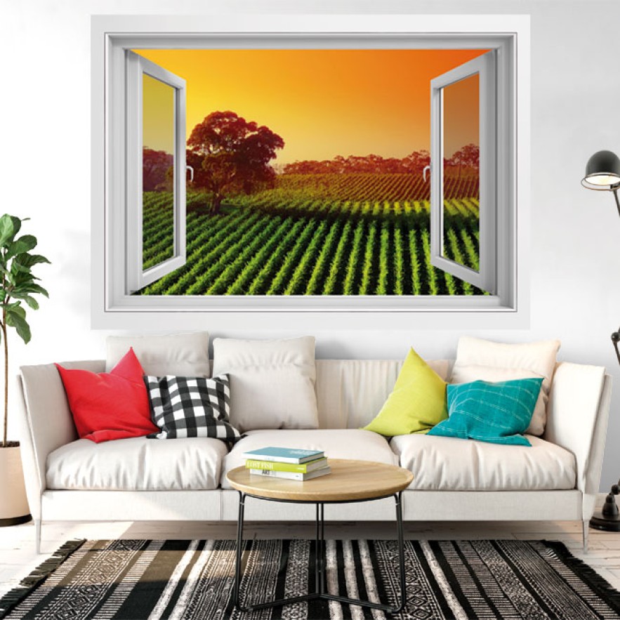 Vinilos ventana 3d atardecer en el viñedo