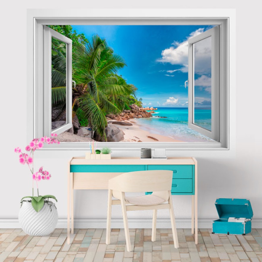 Vinilos ventana 3d paisaje islas seychelles