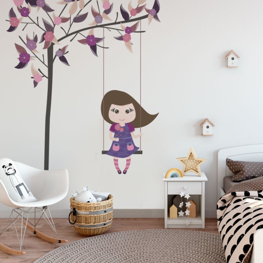 Vinilos decorativos niña en columpio en árbol